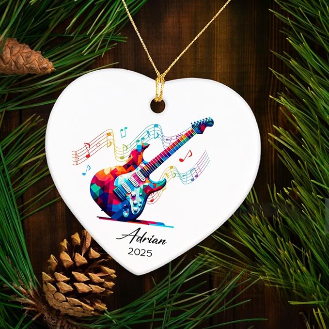 Electric Guitar Xmas Tree Ceramic Ornament 2025, Personalized Electric Guitar Lovers Ornaments Keepsake, Guitarist Ceramic Ornament Christmas, Custom Name & Year Musical Instrument Player Ornaments