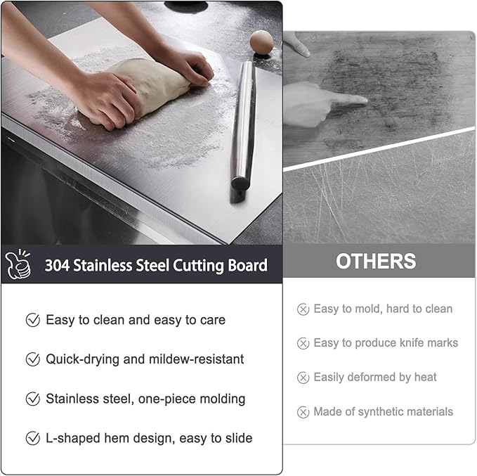 304 Stainless Steel Cutting Board – Stainless Steel Kitchen Chopping Boards Non-Slip, Dishwasher Safe – Ideal for Meat, Vegetables, Fruits, Bread & Baking – Commercial & Home Use (23.6 * 19.6in)