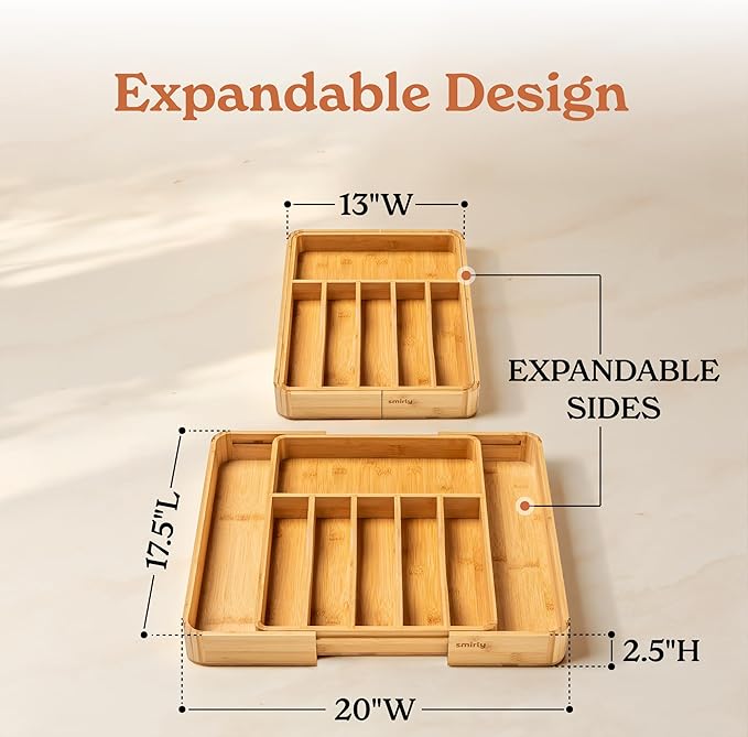 SMIRLY Silverware Drawer Organizer – Bamboo Kitchen Drawer Organizer, Adjustable Utensil Holder and Cutlery Tray, Drawer Dividers for Flatware and Kitchen Utensils