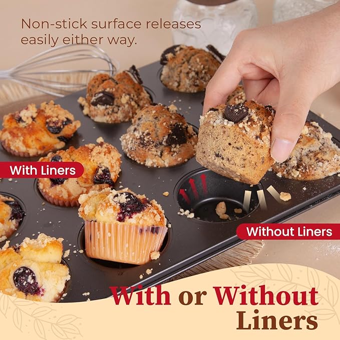 CARTMAN 2 Pack Muffin Pans with 200 Cupcake Liners, Nonstick 12-Cup Muffin Tins, Carbon Steel Cupcake Pans for Baking Muffins, Egg Bites, Brownies & More