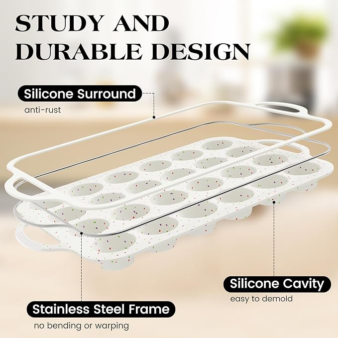 1 Pc Mini Muffin Pans with Metal Reinforced Frame, 24 Cups Nonstick Silicone Cupcake Tray for Baking, Food Grade Small Muffin Molds with Handles (Cream)