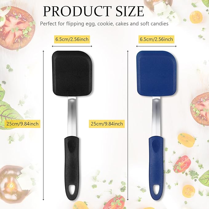 Silicone Cookie Spatula Turner 2 Pack Mini Brownie Spatula Flexible Kitchen Small Silicone Turner for Nonstick Cookware Heat Resistant No Scratch Flipper for Egg Pancake(Black,Blue)