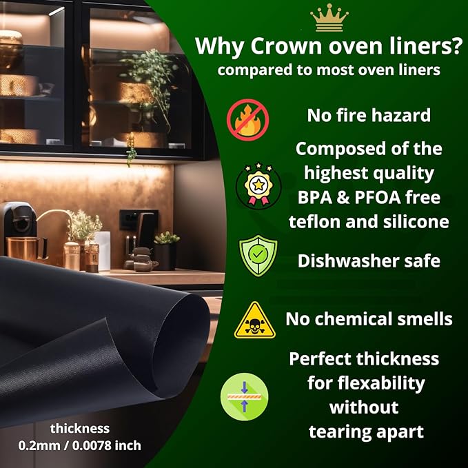 Crown Oven Liners for Bottom of Oven - 3 Pack Silicone BPA & PFOA Free Heavy Duty Heat Resistant Teflon Sheets for Electric, Grills, Baking and Gas Stove Burner