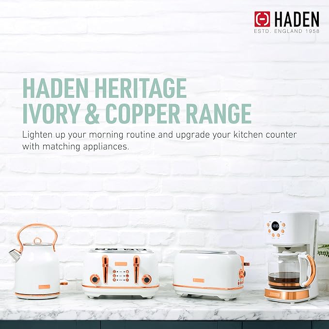 HADEN Coffee Machine, 12 Cup Drip Coffee Maker Bundled with Heritage 1.7 Liter Stainless Steel Electric Kettle, Ivory & Copper