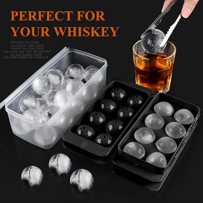 Whiskey Ice Cubes Mold,2 x 8 PCS x 1.8 inch Whiskey Ice Cubes,Circle Ice Cube Tray with Lid and Bin,Sphere Ice Ball Maker Mold,Round Ice Cube Mold for Cocktails(Whiskey Ice Cubes Mold,Black)