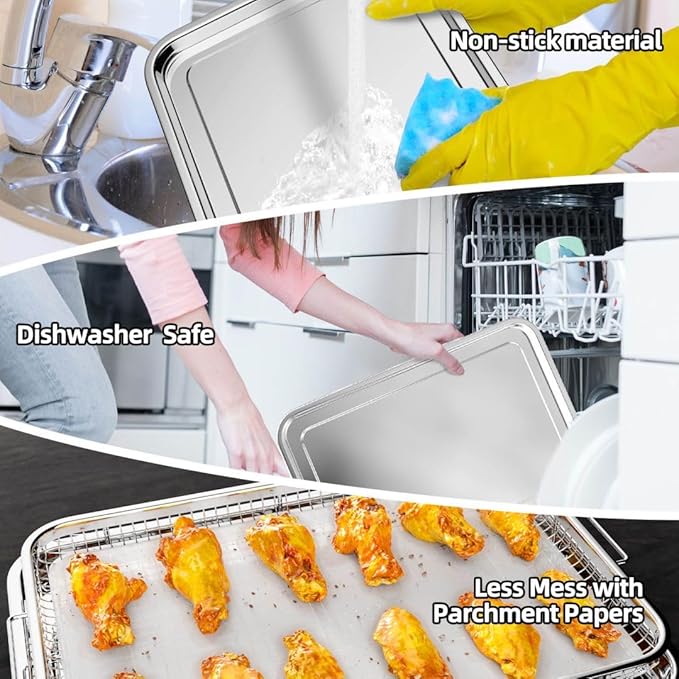 Air Fryer Basket for Oven, Extra Large 18.8" x 12.8" Oven Air Fryer Basket and Tray Set with 30 PCS Parchment Papers, Stainless Steel Air Fryer Pan and Crisper Tray (Silver)