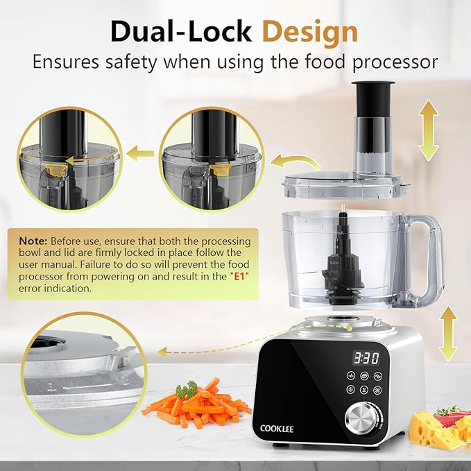 COOKLEE Food Processor, 600 Watts, 6 Functions Electric Food Chopper for Chopping, Mincing, Dicing, Shredding, Slicing, Purees & Dough with 12cup Processor Bowl, Food Chute & Pusher, Silver