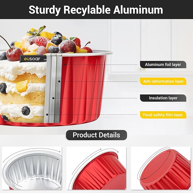 EUSOAR Aluminum Foil Muffin Cupcake Ramekin, 50pcs 5oz 125ml Disposable Aluminum Foil Muffin Cupcake Liners Cups with Lids, Disposable Aluminum Foil Cupcake Baking Cups Holders Cases Boxes Pans