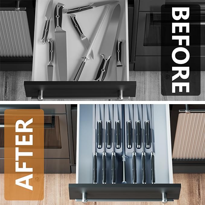 Domax Bamboo In-drawer Knife Block - Knife Drawer Organizer Insert Large Handle Steak Knife Holder, Kitchen Drawer Knife Organizer Fits for 12 knives and 1 Sharpening Steel (Not Included), Gray