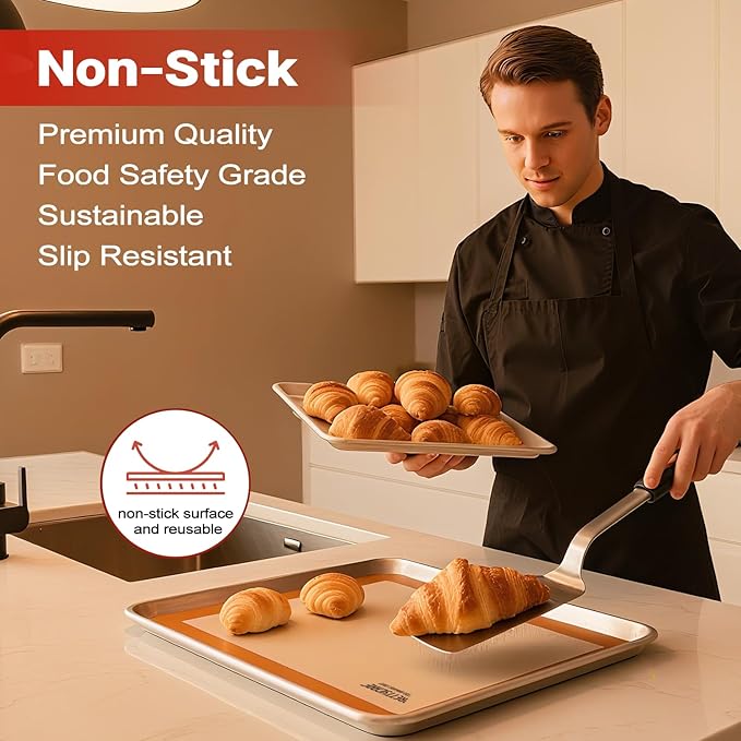 Silicone Baking Mat Set by PrettyCare (2 Half Sheet and 1 Quarter Sheet) Non Stick Cookie Baking Supplies for Bake Pans & Toaster Oven - Macaron/Pastry/Bun/Bread