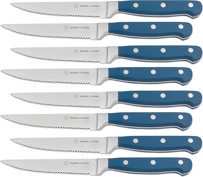 DURA LIVING Premium 8-Piece Steak Knife Set – Sharp Serrated Blades, Forged High Carbon Stainless Steel, Full Tang, Ergonomic Handle, Royal Blue – Ideal for Dining & Entertaining