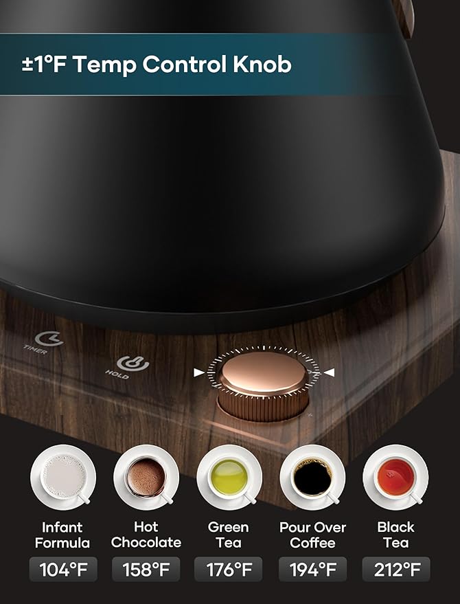Electric Kettle, Gooseneck Electric Kettle, ±1℉ Precise Temperature Control, Stainless Steel Interior, Quick Heating for Pour Over Coffee, Tea & Boiling Water, 0.9L (Matte Black & Wood)