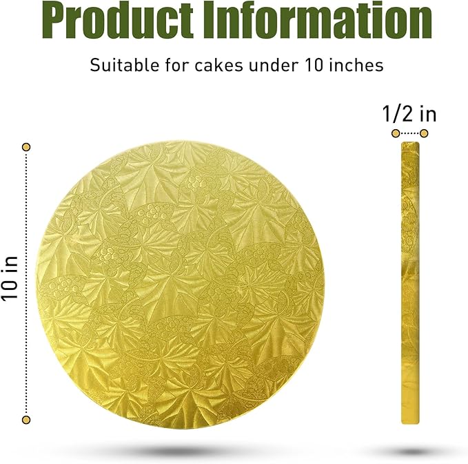 10-Pack Round Gold Cake Drum Board 12 Inch Sturdy 1/2 Inch Thick Full Wrap Edge Cake Base for Heavy Tiered Cakes(12" Gold)