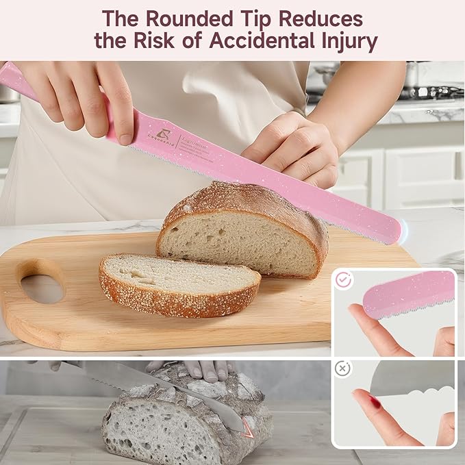 2025 Upgrade Bread Knife for Homemade Bread, World‘s 1st Double Serrated Knife with 5 Thickness Adjustable Slicing Guide, Stainless Steel Bread Cutter, Razor Sharp for Sourdough, Pink