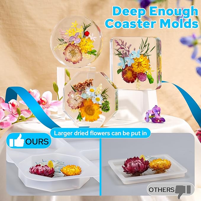LET'S RESIN Extra Deep Coaster Resin Molds, 6 Cavity Round/Square/Octagon Shape Silicone Molds for Epoxy Resin, Flower Preservation, DIY Art Craft Cup Mats
