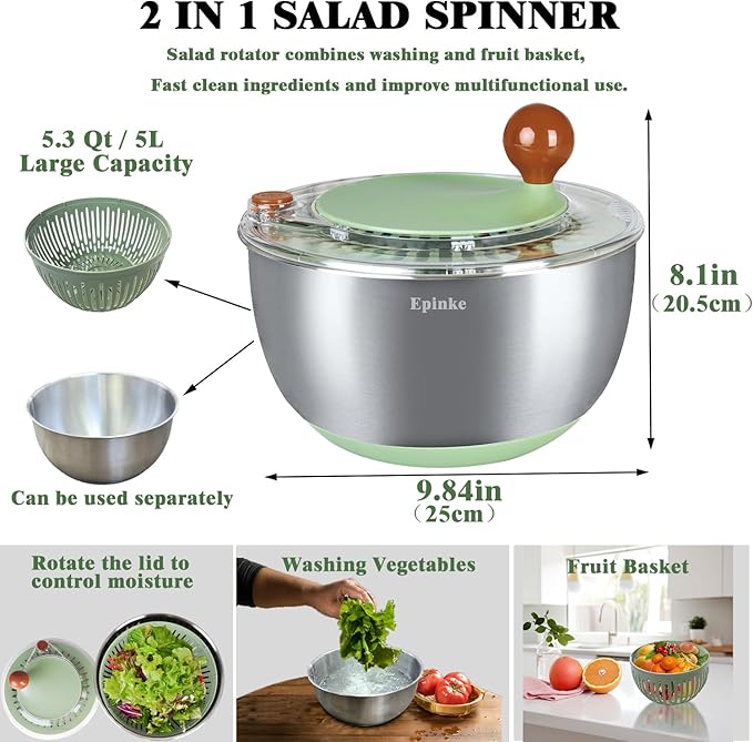 5.3Qt Stainless Steel Salad Spinner with Stop Button, Vegetable Dryer Spinner, Salad Spinner Stainless Steel with Drain, Non-Slip Base, Dishwasher Safe