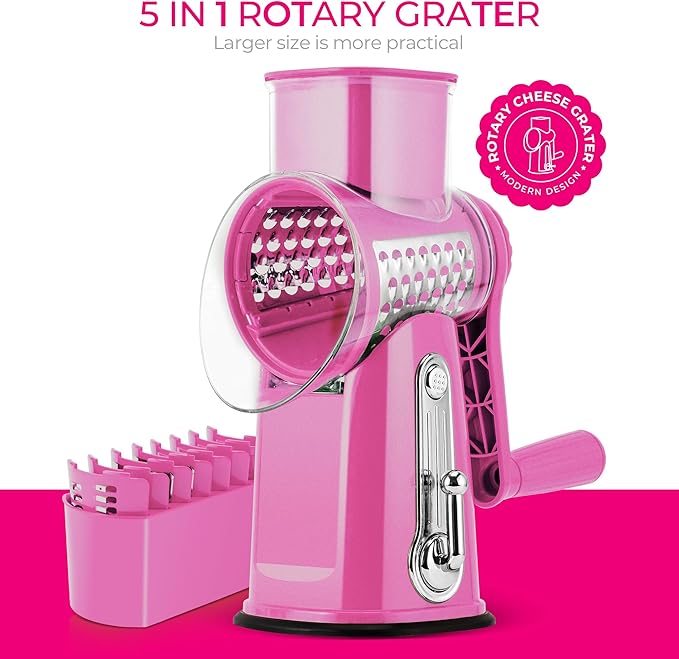 SUSTEAS Rotary Cheese Grater with Handle - Vegetable Shredder with 5 Well-designed Blades & Strong Suction Base,Round Mandoline Slicer & Food Chopper for Kitchen,with Blade Storage Box(Pink)