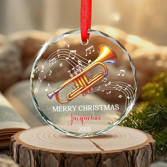 Personalized Text & Name Trumpet Instrument Christmas Glass Ornament, Musical Instrument Xmas Ornament Gifts for Trumpet Player, Custom Trumpetist Christmas Keepsake, Music Lover Glass Ornaments 2025