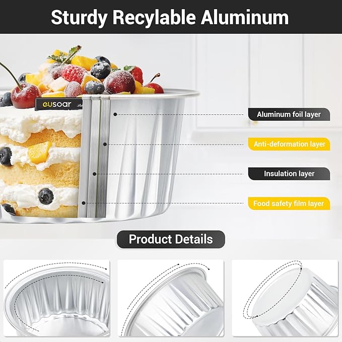 EUSOAR Muffin Cupcake Liners for Baking, 50pcs 5oz 125ml Disposable Ramekins, Aluminum Foil Muffin Liners Cups with Lids, Disposable Aluminum Foil Cupcake Baking Cups Holders Cases Boxes Pans with Lid