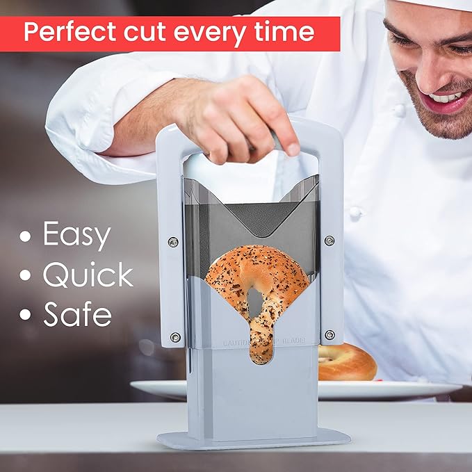 Slyce - Bagel Slicer, Bagel Cutter with Safety Shield and Safe Grip, Bagel Holder for Cutting Large and Small Bagels, Stainless Steel Blade (White)