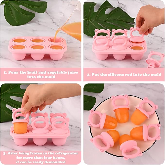HUAKENER Mini Popsicle Molds, Silicone Popsicle Mold for Toddlers, 6-Cavity Ice Pop Molds with Handle for Making Healthy Baby Food, Breastmilk Popsicle (Pink)