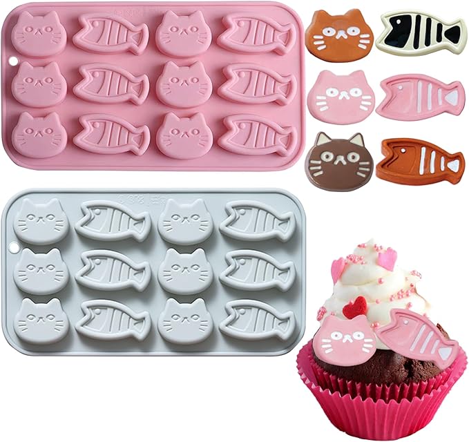 2PCS Chocolate Silicone Molds, 12 Cavity Cartoon Cat Mold Cat Treat Molds, Mini Fish Shape Silicone Mold Animals Candy Mold for Sugar, Candy, Chocolate