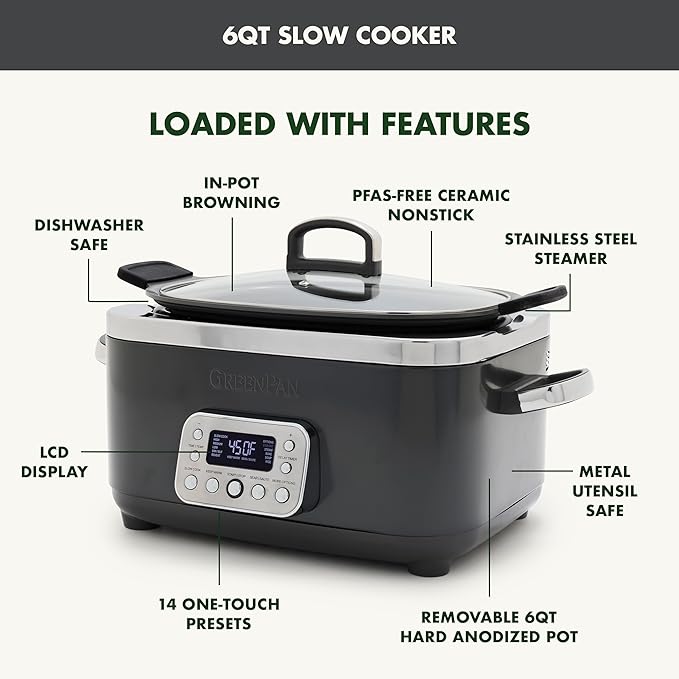 GreenPan Elite 8-in-1 Programmable 6QT Electric Slow Cooker, Dishwasher Safe Lid & Removable Crock, PFAS-Free Healthy Ceramic Nonstick Multi-Cooker, Sear,Sauté/Brown,Steam Basket,Roast, Graphite