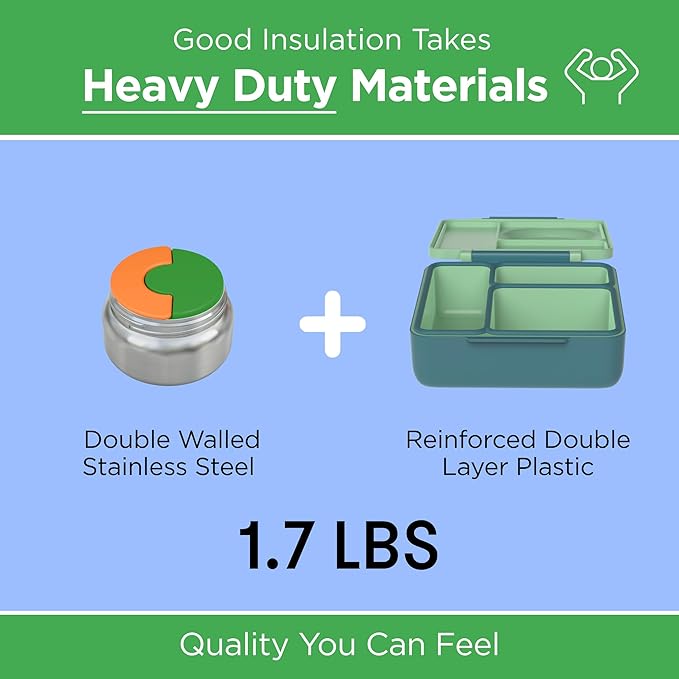 OmieBox Bento Box for Kids - Insulated Bento Lunch Box with Leak Proof Vacuum Insulated Food Jar - 3 Compartments, Two Temperature Zones (Monster Blue)