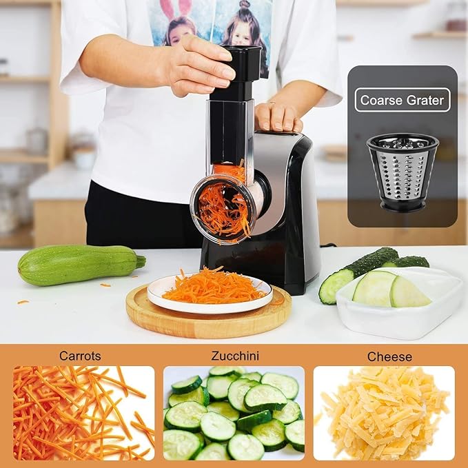 Electric Cheese Grater, Professional Electric Slicer Shredder, 150W Cheese Grater/Chopper Salad Maker, Shredder for Home Kitchen Use with One-Touch Control | 5 Free Attachments
