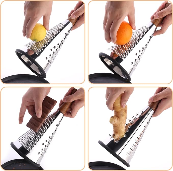 Cone Cheese Grater with Handle - Stainless Steel Triple Function Wood Handle Parmesan Shaver Non-Slip Rubber Bottom Hand Held Multifunction Vegetables Cheese Grater with container (M: 9.4" X 4.3")