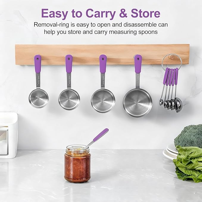 Measuring Cups and Spoons Set, Stainless Steel 10 Piece for Cooking and Baking (5 Cups + 5 Spoons, Purple Handle)