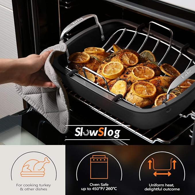Roasting Pan, 17x13 Inch Nonstick Turkey Roaster with Removable Rack & Cooking Kit,Roaster Pan for Roasting Turkey, Meat & Vegetables (Silver)