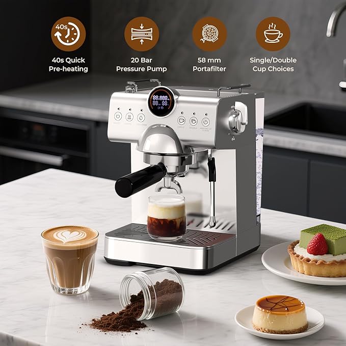 Compact Espresso Machine with Milk Frother,Cold Brew & Hot Coffee Machine,LED Display,Cappuccino & Latte Machine for Home,Beginner-Friendly Espresso Machines (SILVER)