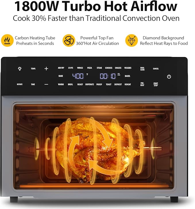 32QT Extra Large Air Fryer, 19-In-1 Air Fryer Toaster Oven Combo with Rotisserie and Dehydrator, Digital Convection Oven Countertop Airfryer Fit 13" Pizza, 6 Accessories, 1800w, Black