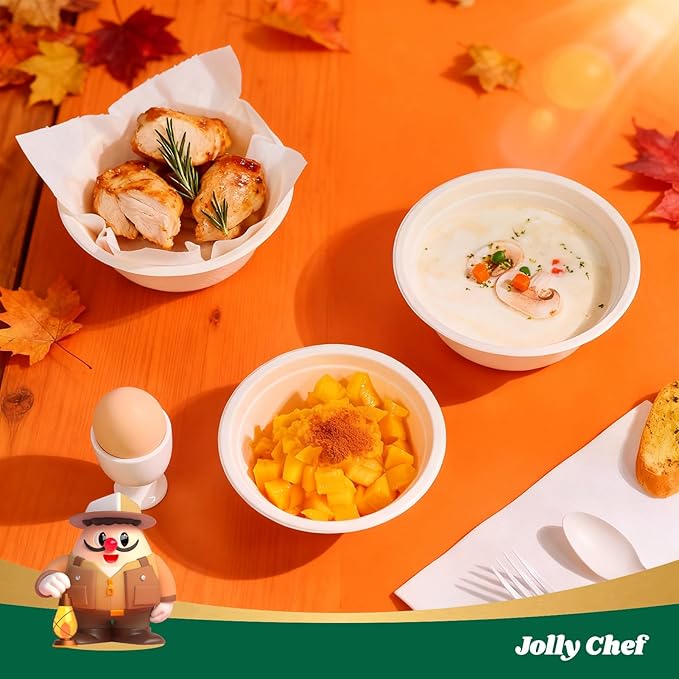 JOLLY CHEF Compostable Disposable Paper Bowl [12 oz] Heavy Duty Soup Containers [150 Pack] Biodegradable Bagasse Hot Cold Food Eco-Friendly Sugarcane Microwavable Bowls for Salad Milk Thanksgiving Day