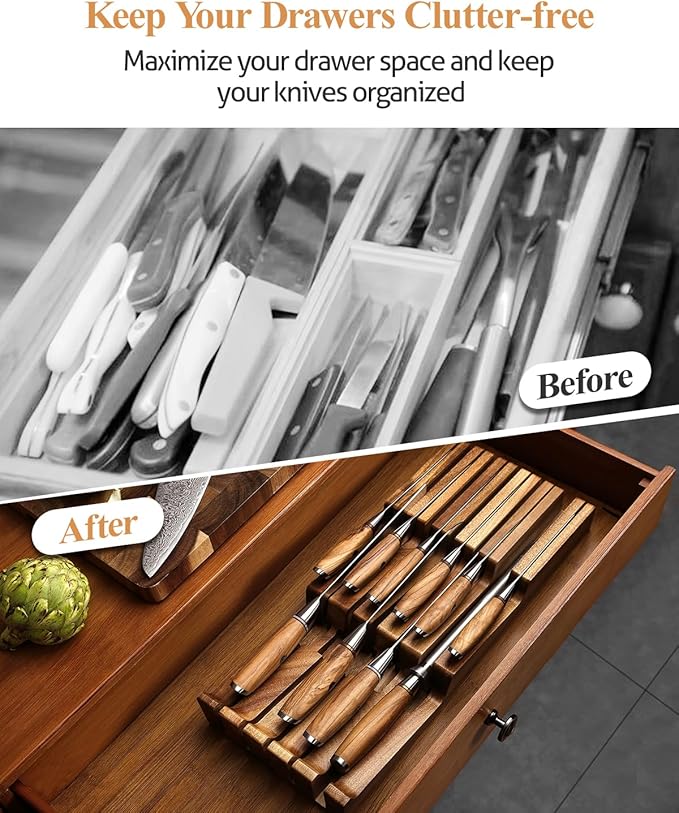 XINZUO In-drawer Knife Block, Natural Acacia Knife Drawer Oganizer, Insert-Kitchen Storage Holder, 11 Slots, Holds up to 11 Various Size Knives, Countertop Saving&Knife Protective