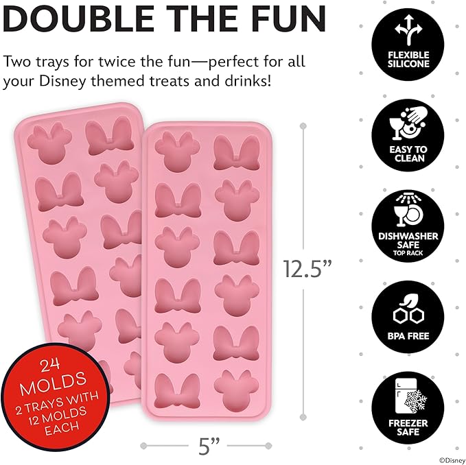 Disney Minnie Mouse Silicone Ice Cube Tray – 2 Pack Ice Trays for Freezer with Fun Minnie Mouse Ice Molds – Flexible BPA-Free Silicone Molds for Ice, Chocolate, and More (Minnie (Pink))