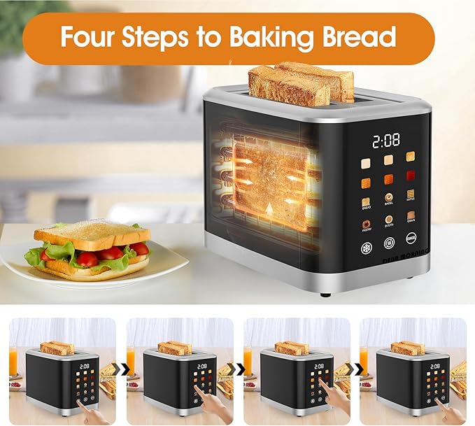 Touch screen Toaster 2 Slice Digital Timer Toasters with 6 Bread Types & 6 Shade Settings, Smart Extra Wide Slots Toaster with Bagel Defrost Reheat Cancel Function