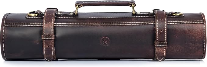 Leather Knife Roll Storage Bag, Elastic and Expandable 10 Pockets, Adjustable/Detachable Shoulder Strap, Travel-Friendly Chef Knife Case (Florida Brown, Leather)