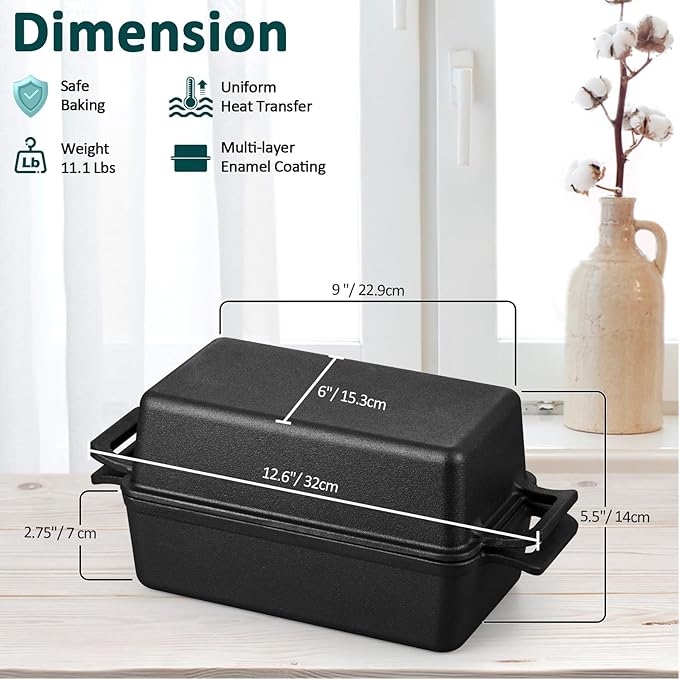 Leonyo 9 x 6 inch Cast Iron Loaf Pan with Lid, 2-in-1 Sourdough Baking Pan, Pre-seasoned Loaf Dutch Oven for Homemade Bread, Pound Cake, Lasagna, Up to 500℉ & Black