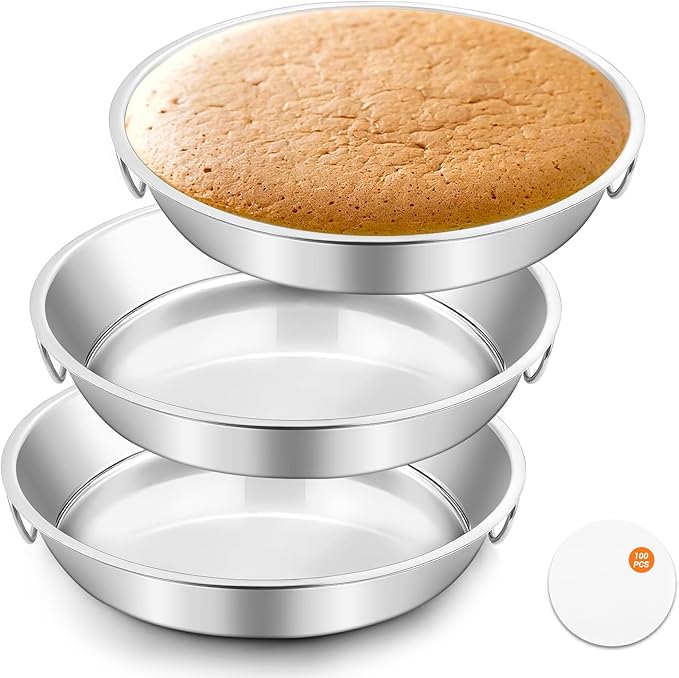 BEWOS 103 Pcs 7.4" Round Cake Pans - Nonstick Stainless Steel Cake Pans with 100 Pcs Parchment Paper, Non-Toxic Cake Baking Pans with Handles, Mirror Finish & Dishwasher Safe