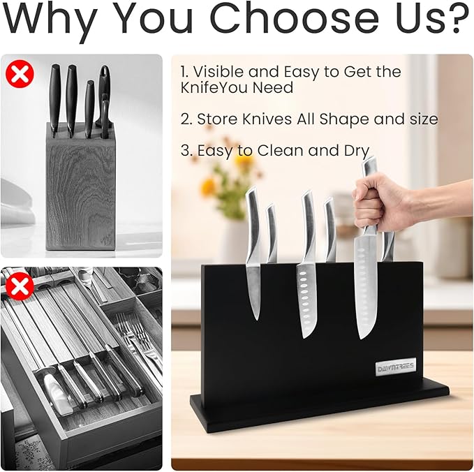 DAWNTREES Large Black Magnetic Knife Holder, 16 Inch Magnetic Knife Block Kitchen Counter Universal Knife Display Rack Multifunctional Storage