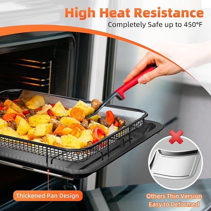 Air Fryer Pans for Oven, Oven Air Fryer Basket and Tray with 30 PCS Parchment Papers, DEGOVIN Crisper Tray Non-stick Stainless Steel Air Fry Pans for Convection Oven(15.8" × 11"-Black)