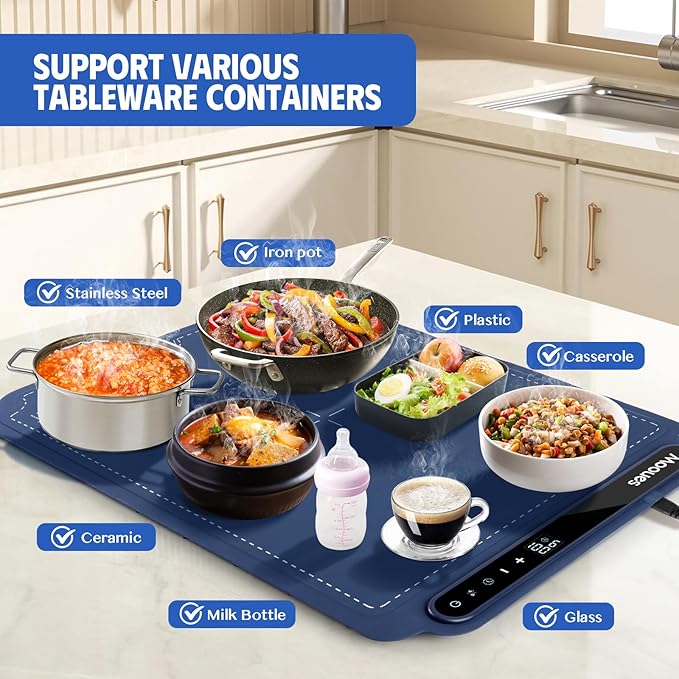 Electric Warming Tray, Portable Silicone Food Warming Mat, Versatile Full Surface Heating Food Warmer with 7 Level Temperature and 6 Hours Timer for Home Dinner, Parties and Buffets (Blue)