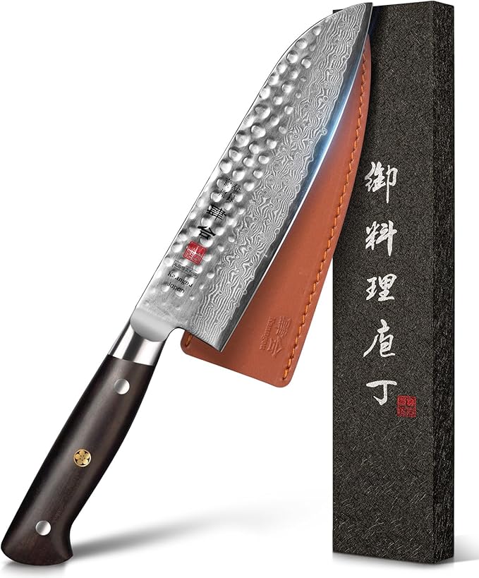 Santoku Knife 7 Inch Japanese Chef Knife with 67 Layers Damascus Steel AUS-10 Core, Razor Sharp Chefs Knife with Full-Tang Ebony Wood Handle and Premium Gift Box(Hammered Damascus Series)