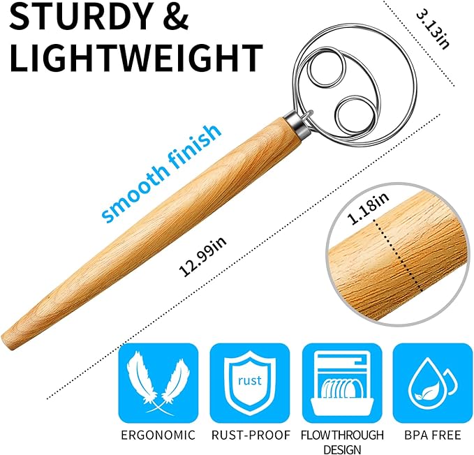 TEEVEA Danish Dough Whisk Stainless Steel Dough Hook Dutch Whisk for Sourdough Bread Dough Mixer Hand Wooden Handle Kitchen Whisking Mixing Tool Bread Making Tools and Supplies