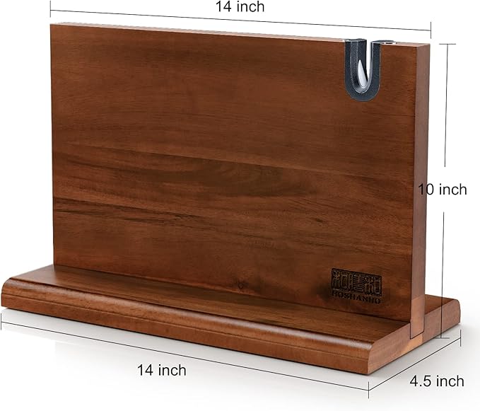 HOSHANHO Magnetic Knife Block 14 x 10 Inches, Double Sided Magnetic Knife Holder Rack for Kitchen Counter, Acacia Wood Magnetic Knife Storage Stand with Knife Sharpener