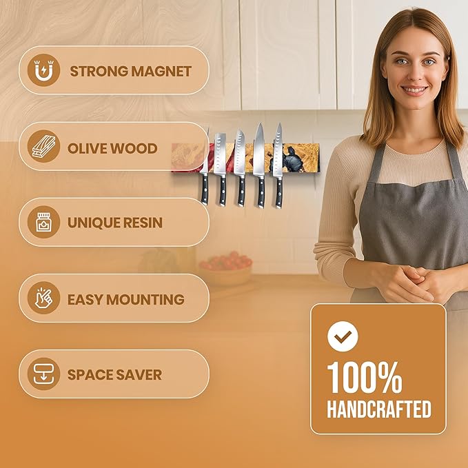 Magnetic Knife Holder for Wall 16 Inch |Premium Wood & Red and Grey Resin| Epoxy Knife Magnetic Strip, Kitchen Knife Block Holder with Strong Magnet, Space-Saving, Handcrafted Style & Easy to Install