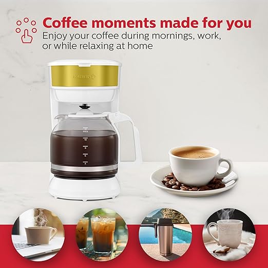 Holstein Housewares 12-Cup Coffee Maker, 61oz Drip Coffee Machine with Glass Carafe, Auto Pause & Serve, Compact Design – Ideal for Home, Office & Travel Coffee Brewing, White and Gold