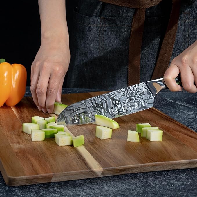 SENKEN 8-piece Engraved Japanese Kitchen Knife Set & Beautiful Green Resin Epoxy Handles - Wasabi Collection - Chef's Knife, Bread Knife, Cleaver Knife, Paring Knife, & More